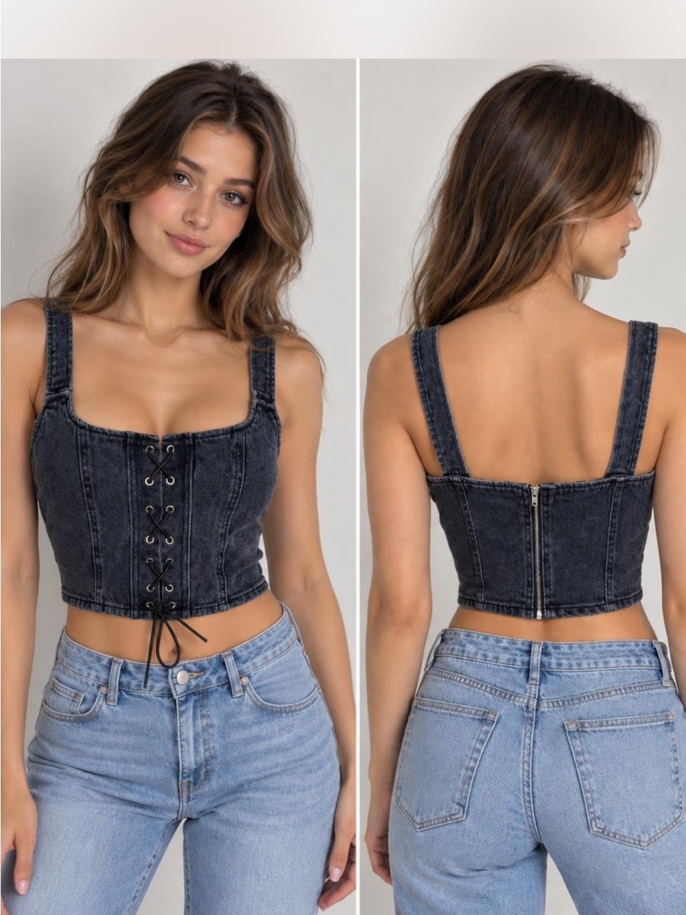 Y2K Black Acid Wash Denim Corset Crop Top Lace-Up Front zip back cotton S/4/6